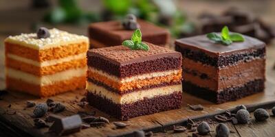Deliciously layered cakes displayed on rustic wooden board at a cozy dessert setting photo