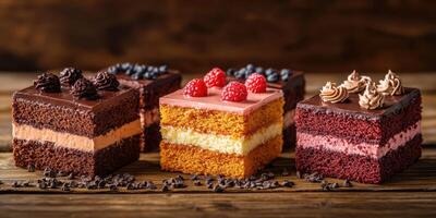 Colorful assortment of cakes displayed on a wooden table in a cozy bakery setting photo