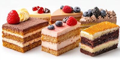 Assorted delicious pastries featuring chocolate, cream, and fruit in an elegant display for a festive occasion photo