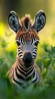 Young zebra explores a lush grassy habitat during the golden hour of sunset in the wild photo
