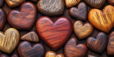Decorative wooden hearts arranged on a wooden surface showcasing various textures and colors photo