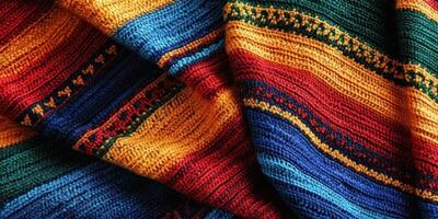 Colorful woven blanket showcasing vibrant patterns in textile art from indigenous craftsmanship photo