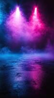 Colorful fog illuminated by vibrant stage lights during a dynamic performance at night photo