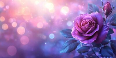 Beautiful purple rose blooming with soft glowing background of lights during evening hours in a tranquil garden setting photo