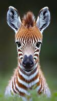 Newborn zebra with striking stripes poses for a close-up in a lush green habitat during daylight hours photo