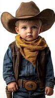 Young cowboy in western attire with hat and scarf posing for a portrait in a studio setting photo