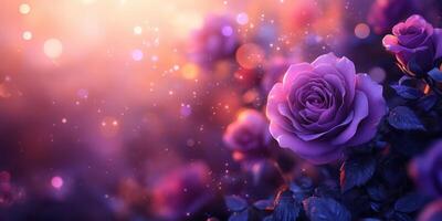 Beautiful purple roses illuminated by soft light in a dreamy purple background photo
