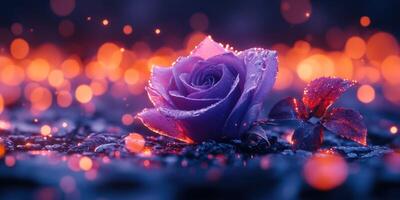 Beautiful purple rose with water droplets and glowing background in a nighttime setting photo