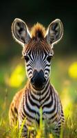 Young zebra resting on lush grass during golden hour in a natural habitat photo