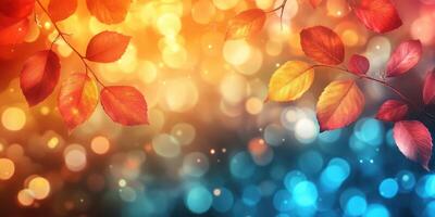 Colorful autumn leaves against a shimmering bokeh background create a vibrant seasonal atmosphere photo