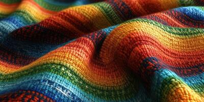 Colorful woven textile showcasing vibrant patterns and textures under soft lighting in an indoor setting photo