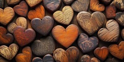 Wooden hearts arranged in an artistic display showcasing intricate textures and natural color variations photo