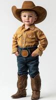 Young cowboy dressed in western attire poses confidently with a hat, boots, and belt in a neutral studio setting photo