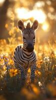 Young zebra amidst vibrant wildflowers in golden sunset light during early evening hours photo