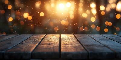 Warm sunlight creating a magical glow over a wooden table in an outdoor setting during twilight photo