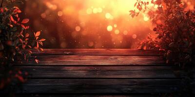 Rustic wooden platform surrounded by foliage during a golden sunset with warm light and bokeh effects photo