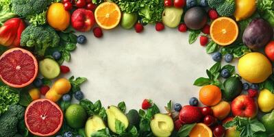Fresh fruits and vegetables arranged in a vibrant display on a neutral background photo