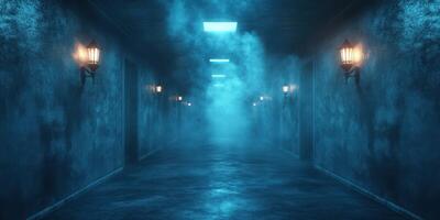 Mysterious fog-filled hallway with dim lighting enhances eerie atmosphere in abandoned building at night photo