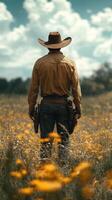 Cowboy stands in a vibrant field of wildflowers, reflecting on the vast open landscape during golden hour photo