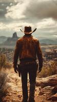 Cowboy walking through desert landscape towards distant mountains at dusk photo