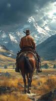 Cowboy riding a horse in a stunning mountain landscape during a cloudy afternoon photo
