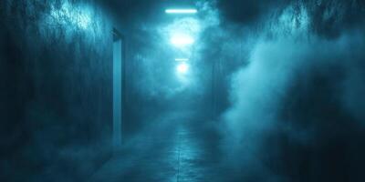 Atmospheric corridor shrouded in fog with glowing lights illuminating the path ahead photo