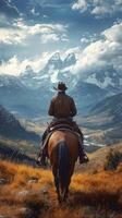Cowboy riding a horse in front of majestic mountains during a cloudy afternoon in the wilderness photo