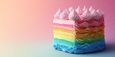Colorful layered cake with vibrant frosting in a playful gradient background showcasing a delicious dessert photo