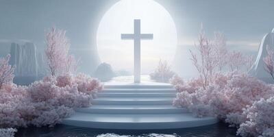Spiritual sanctuary with a cross surrounded by pink foliage and soft light at dawn by a tranquil water body in a serene landscape photo