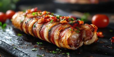 Deliciously grilled bacon-wrapped meat roll garnished with herbs and cherry tomatoes on a black slate platter photo