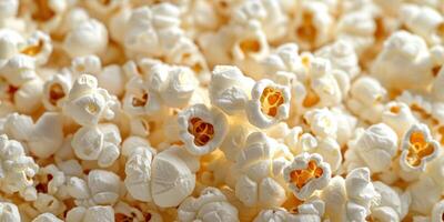 Popcorn displayed in a close-up shot showcasing fluffy texture and unique shapes during a casual movie night at home photo