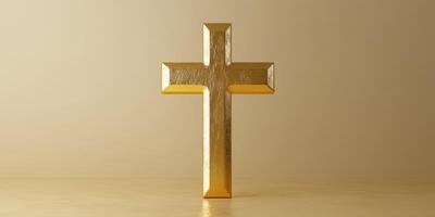 Golden cross stands on a smooth surface with a soft glow illuminating the background photo