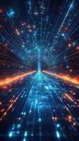 Bright blue and orange light beams create a futuristic tunnel effect in a dazzling digital landscape photo