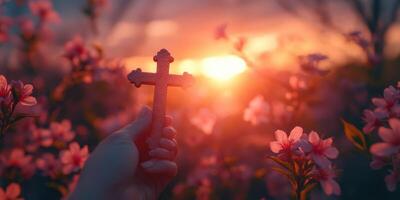Sunset glimpse over blooming flowers with a hand holding a cross in a serene outdoor setting photo