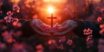 Hands holding a cross with flowers during a sunset in a serene landscape photo