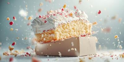 Cake slice with frosting and sprinkles bursts with flavor in delightful dessert display photo