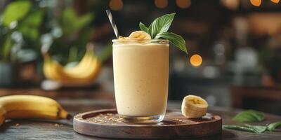 Creamy banana smoothie served with fresh basil in an inviting cafe setting photo