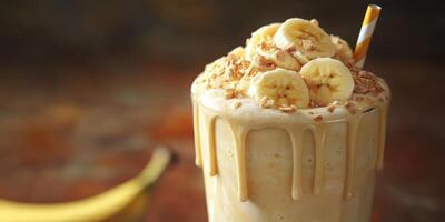 Creamy banana smoothie topped with sliced bananas and granola served in a glass with a straw photo