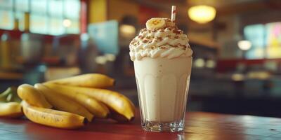 Delicious banana milkshake served with fresh bananas at a cozy diner in the afternoon photo