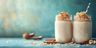 Delicious overnight oat smoothies topped with nuts and spices in rustic glass jars on a textured background photo