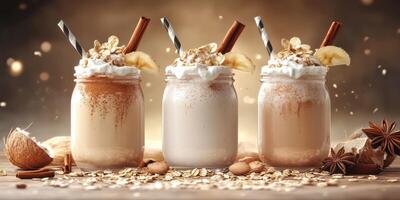 Creamy smoothies in jars topped with fruits and spices arranged beautifully on a wooden table photo