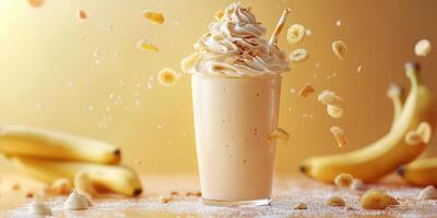 Delicious banana milkshake with whipped cream and banana slices on a sunny background photo