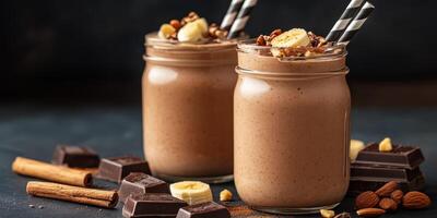 Creamy chocolate banana smoothie with granola and cinnamon served in mason jars photo
