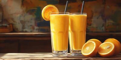 Refreshing orange juice served in tall glasses decorated with citrus slices in a cozy cafe setting photo