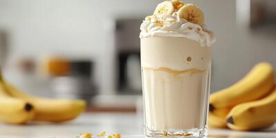Creamy banana milkshake topped with whipped cream and banana slices against a blurred kitchen background photo