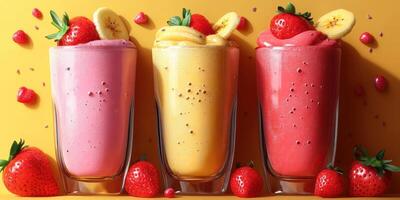 Three colorful fruit smoothies served in clear glasses with fresh fruit on a vibrant yellow background photo