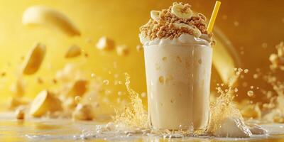 Creamy banana smoothie with crushed cereal splashing in golden background at a cafe during summer afternoon photo