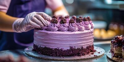 Expert baker decorates a stunning purple cake at a bakery in the afternoon light photo