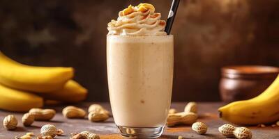Delicious banana peanut butter shake served with whipped cream and garnished with nuts photo