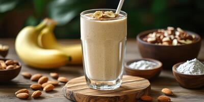 Smoothie preparation with bananas, nuts, and protein powder in a cozy kitchen setting photo